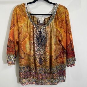 Chico’s Split V-Neck Paisley Print Short Sheer Sleeve boho Blouse Beaded Sz 2 Wm